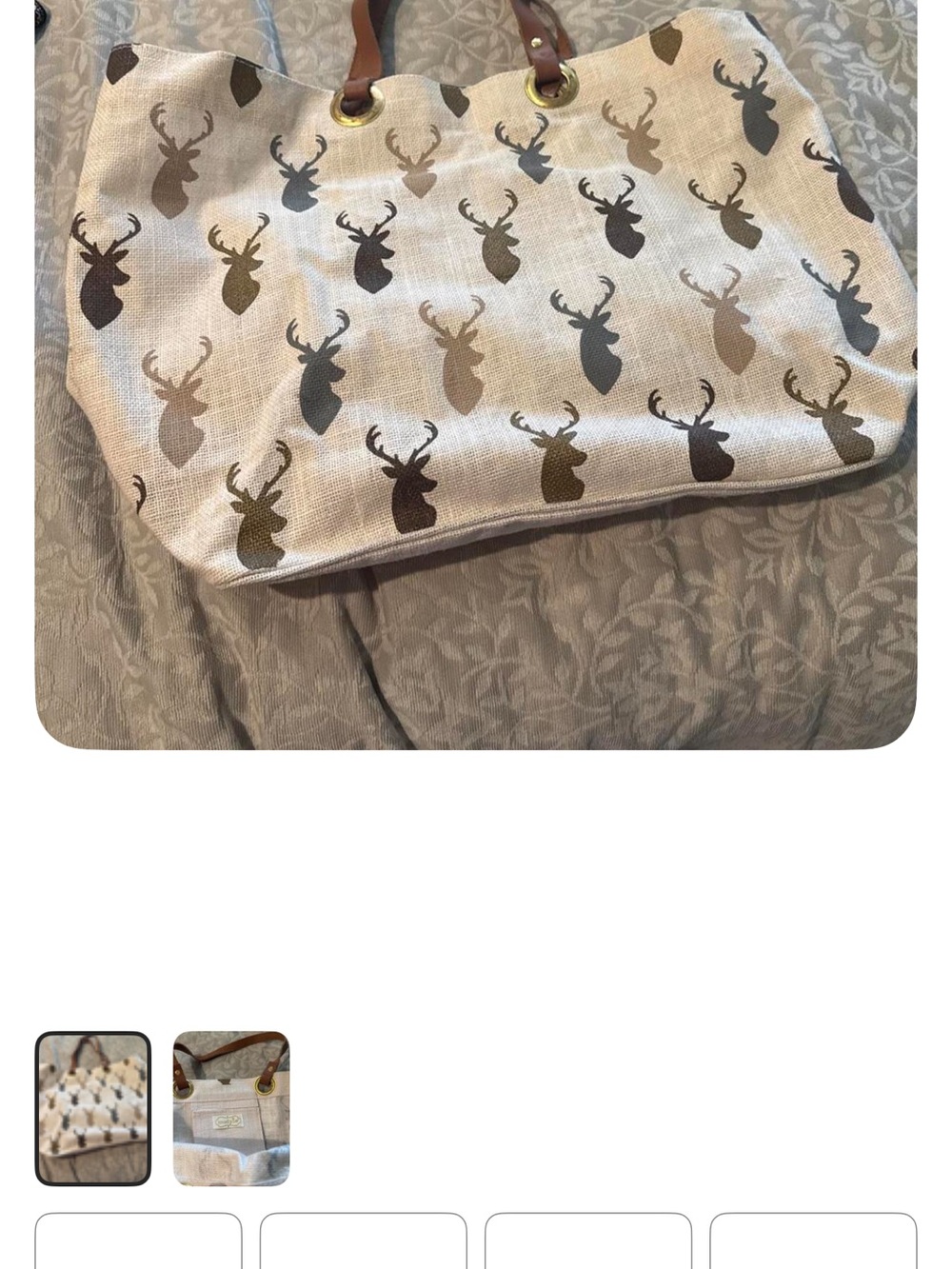 Mud Pie Canvas Tote Bag with Deer Silhouette Print in Cream, Brown and Tan